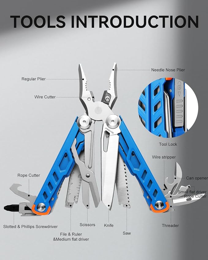 Multitool 15-in-1 Stainless Steel Multi Tool Pliers with Knife, Spring-Action Pliers and Scissors, Multitool for Survival, Camping, Hiking, Gifts for Men (Blue)