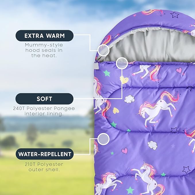 Wake In Cloud - Kids Sleeping Bag for Girls Toddlers, Camping in Warm Cold Weather, Backpacking Lightweight Compact Outdoor Liner for 3 Seasons, Unicorns Stars Hearts