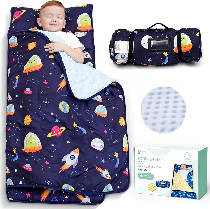 ACRABROS Toddler Nap Mat with Pillow and Blanket, Large Rolled Napping Mats,Slumber Bags for Boys Girls,Kids Sleeping Bag for Daycare, Preschool Travel