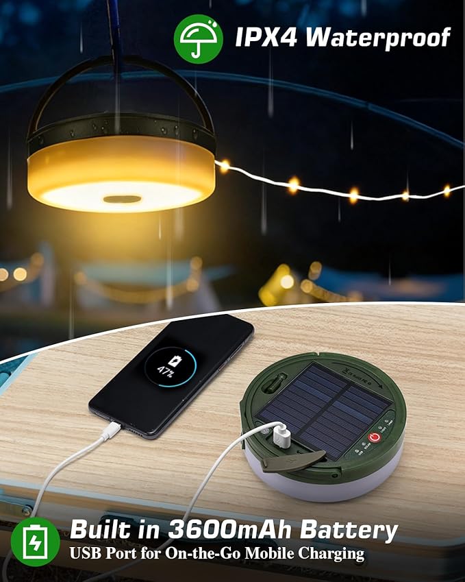 Anpro Solar Camping String Lights 4 in 1: 39.4Ft Ultra Long 150LEDs, 3600mAh Outdoor String Lights Solar Powered and USB Rechargeable Light with Remote Control, Portable Camping Light for Hiking
