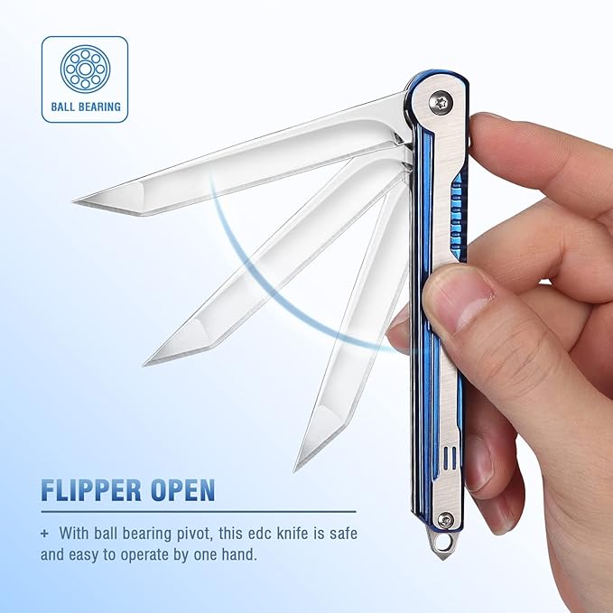 FUNBRO EDC Pocket Knife for Womens, Tanto Folding Knives with 7CR13Mov Stainless Steel Blade, Cool Survival Knife with Clip, Window Breaker, Flipper Open and Liner Lock for Outdoor Camping (Blue)