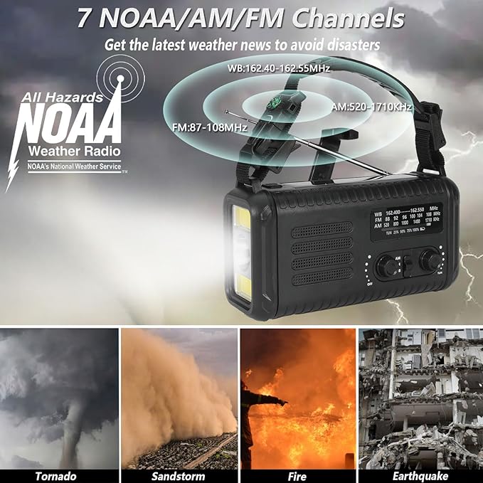 Emergency Weather Radio (Condor 1) NOAA/AM/FM with 74000mWh Portable Radio, USB-C/Solar/Hand Crank Charging, SOS Alarm, Flashlight, Reading Lamp & Survival Handle Kit for Indoor/Outdoor Emergency
