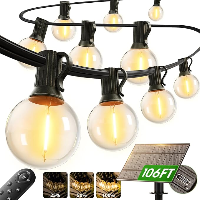 addlon 100FT Solar String Lights Outdoor with Remote, 54 LED Shatterproof Bulbs, Dimmable & Timable, 3 Light Modes, G40 Waterproof Solar String Lights for Outside Backyard Party Decor