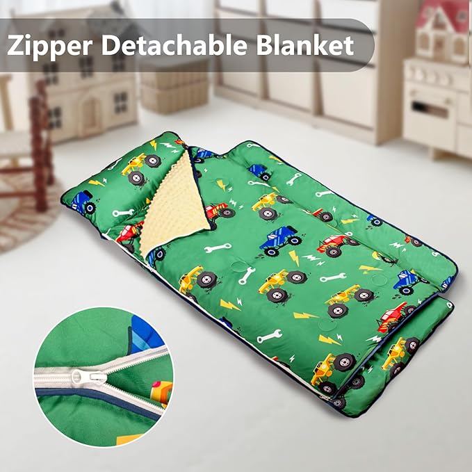 Primlect Toddler Nap Mat Extra Large Thickened 55''x35'', Soft Sleeping Bag with Detachable Minky Blanket and Pillow, Portable for Daycare, Preschool, Kindergarten, Travel, Boys and Girls