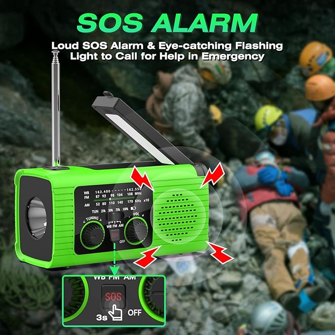 NITIGO Radios for Emergency, Multifunction Solar Charger Hand Crank NOAA Weather AM/FM Radio 4000mAh with USB Charged, Reading Lamp, Flashlight, SOS Alarm, Headphone Jack for Camping Emergencies
