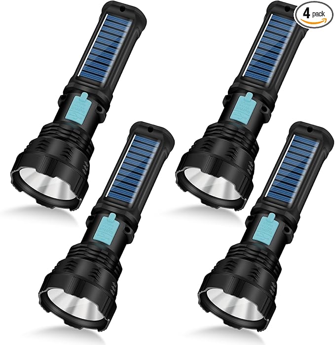 VOETIR Led Solar Flashlight, 1500 Lumens Led Solar Handheld Rechargeable Flashlights with IP65 Waterproof, 2000mAh Battery for Survival Emergencies Camping (4 Pack)
