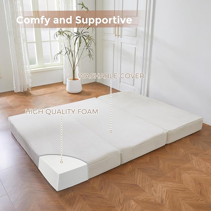 BYBYME Tri-Folding Corduroy Mattress, 6 Inches Gel Folding Mattress Topper, Foldable Soft Guest Bed Camping Pad, Washable Cover (Beige, Twin)