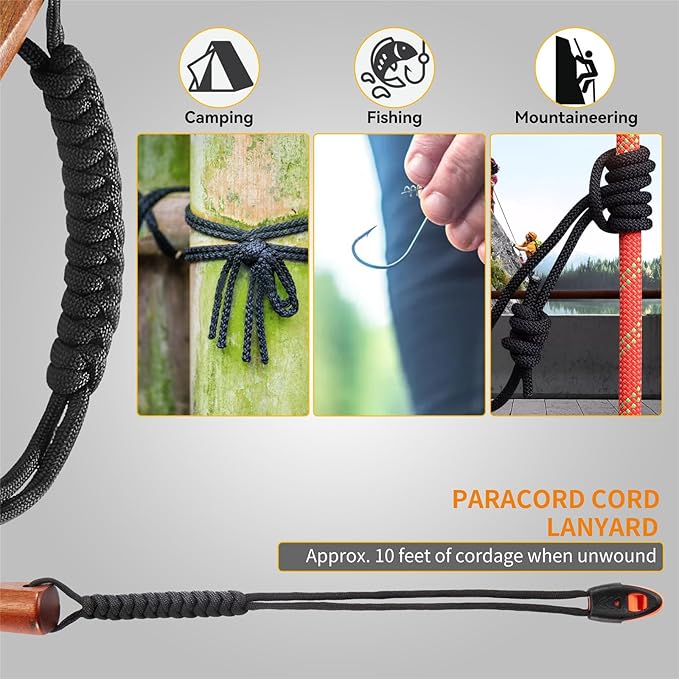 Fire Starter Survival Tool - Handmade Wooden Handle 3/8"" Thick Ferro Rod with Striker and Umbrella Rope Waterproof Iron Rod Flint and Steel Fire Starter Kit