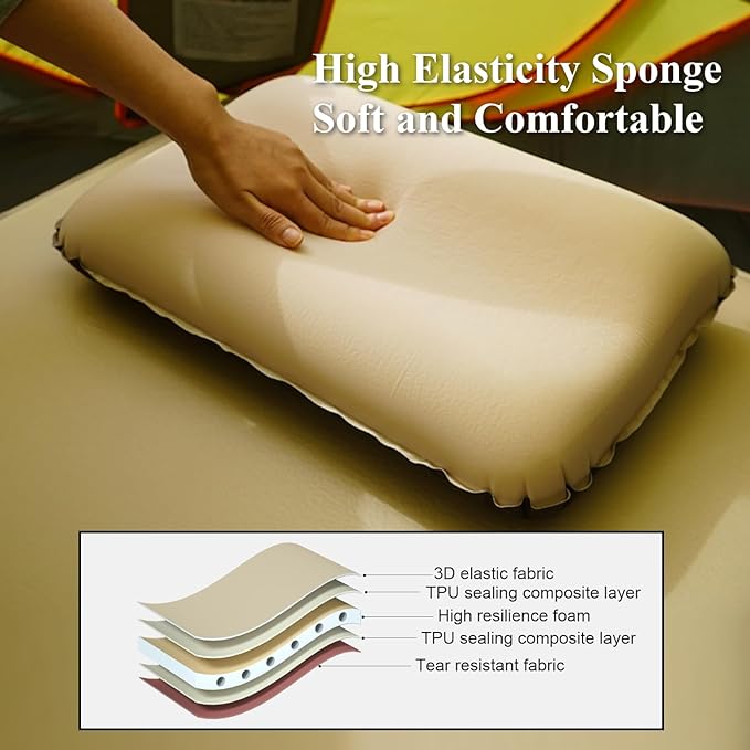 Inflatable Pillow for Camping, Automatic Travel Pillow with Memory Foam, Portable Ergonomic Pillow for Airplane, Hotel, Hiking, Backpacking, Beige