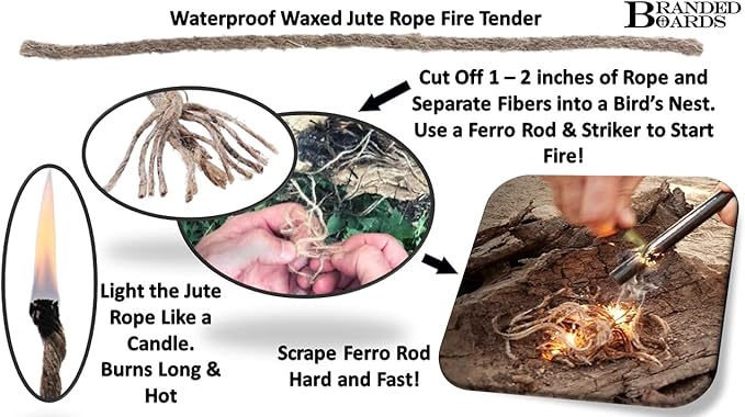 Bushcraft Fire Starter Kits. Ferrocerium Rod, Multi Tool Fire Striker, Waterproof Waxed Jute Rope Tinder, Survival Paracord, Emergency Whistle, Burlap Bag