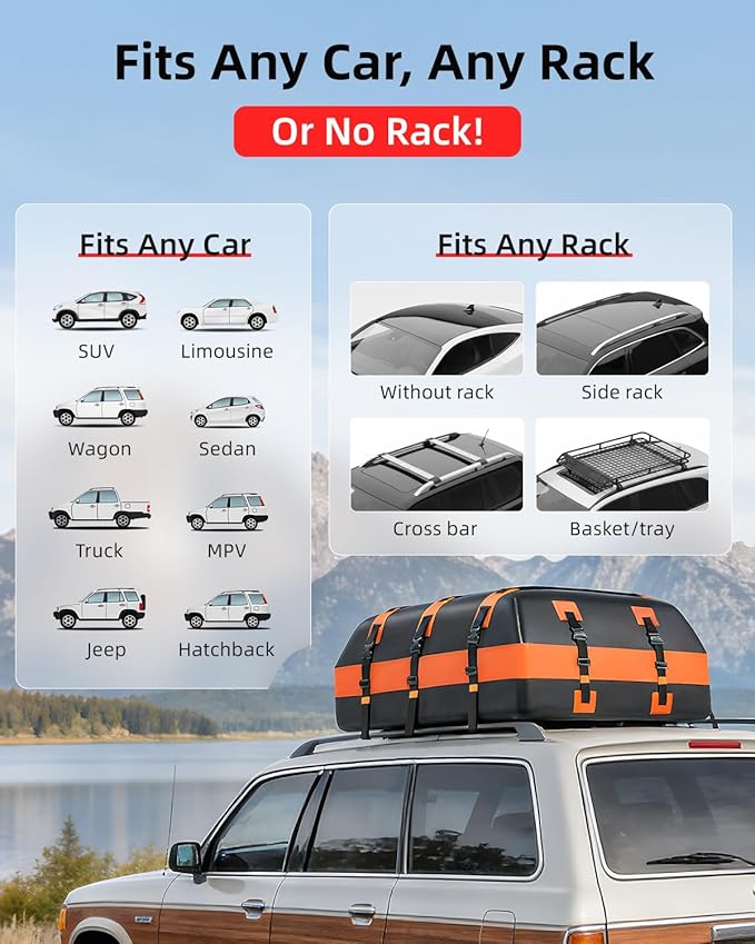 Abahub 30 Cubic Feet Waterproof 840D Large Universal Car Cargo Roof Top Carrier Bag, Car Roof Topper Storage for SUV, Van, Vehicle Travel, for All Cars with/Without Rack