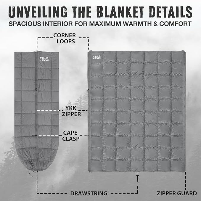 ZIPPIES 3M Thinsulate Insulation Puffy Camping Blanket for Cold Weather, Queen Size Warm Camping Quilt with Zipper, Waterproof Outdoor Sleeping Bag for Hammock, Cozy & Versatile Gift for Men and Women