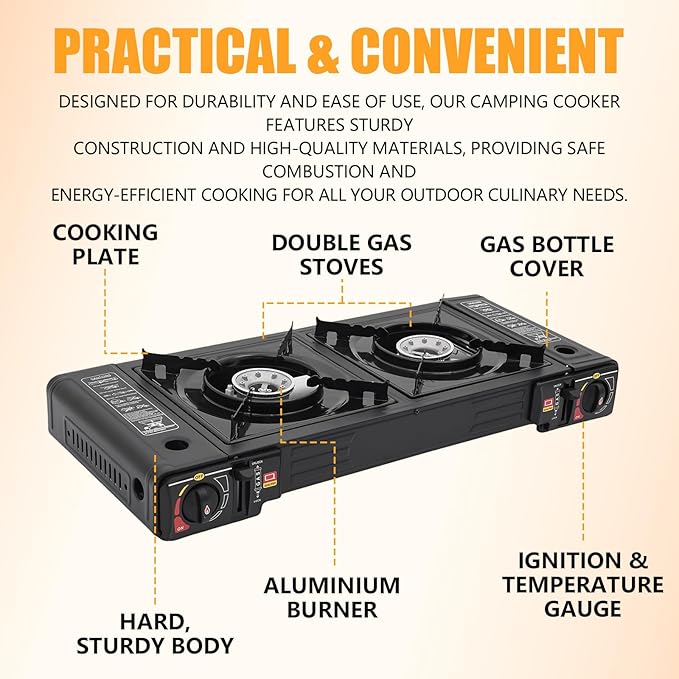 Portable Camping Stove｜24,000 BTU Dual Burner Gas Grill w/Removable Case｜Compact 24.8" Outdoor Cooker for RV Tailgating｜Stainless Steel 2-Burner Propane Stove