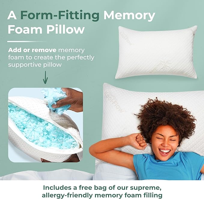 Snuggle-Pedic Adjustable Gel Cooling Pillow - Shredded Memory Foam Pillows for Side, Stomach & Back Sleepers - Keeps Shape - College Dorm Room Essentials for Girls and Guys - Standard