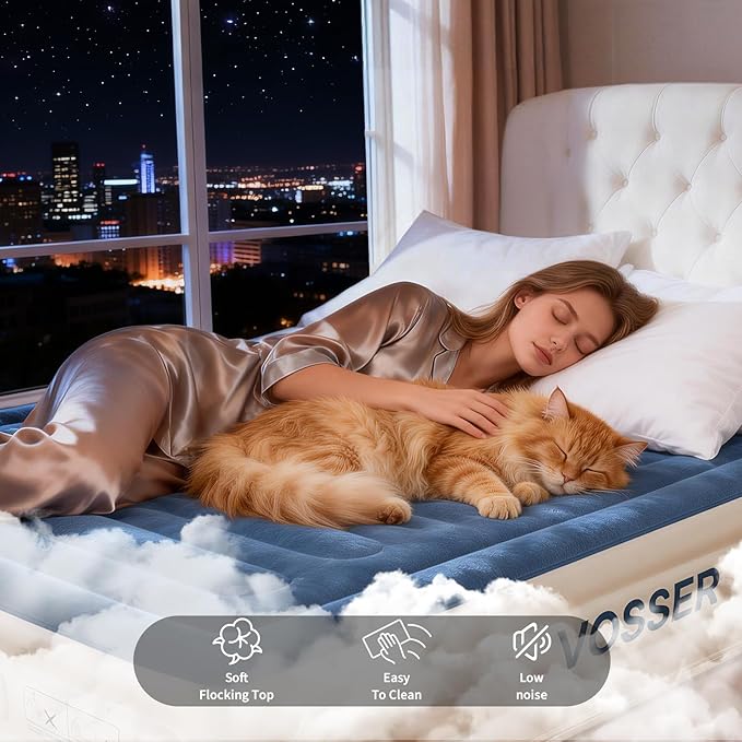 VOSSER Queen Air Mattress with Built-in Pump, Extra Thick Blow Up Mattress, Leak-Proof Air Bed with Storage Bag, Flocked Top Inflatable Mattress for Home, Camping & Guests，800lbs