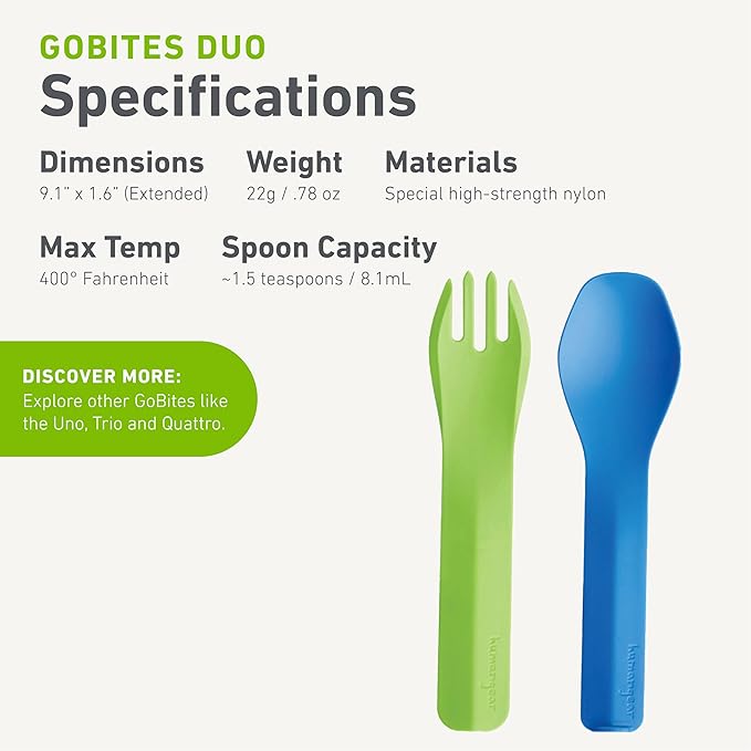 humangear GoBites Duo - Travel Silverware, Full Size Portable Fork & Spoon, Reusable Utensil Set, PC and BPA-free, Food-Safe, ﻿Extended - 9.1” X 1.6”