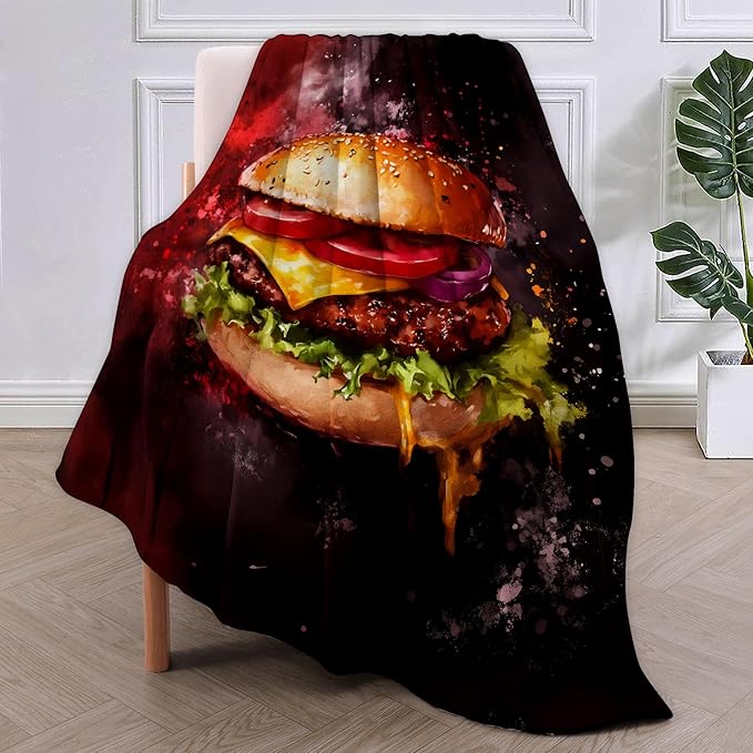 Juicy Cheeseburger Flannel Blanket, Hamburger Gifts, Food-Themed Blanket for Women, Soft Lightweight Throw Blankets for Bed Home Travel Decor 50" x 60"