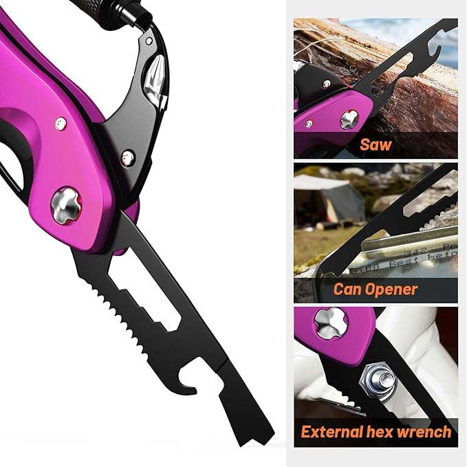 Carabiner Multitool 9-in-1 EDC Pocket Knife, Hexwrench, Saw, Screwdriver, Bottle Opener, Breaker, Survival Gear for Camping Climbing, Gifts for Men Women, Stocking Stuffers (Pink)