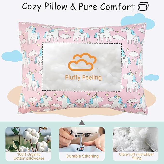 ZPECC Toddler Pillow with Pillowcase 2 Pack - 13x18 Organic Cotton Hypoallergenic Kids Pillow, Baby Essentials for Travel Crib Daycare Stroller (Intended for Age 2 and up) Pink Unicorn