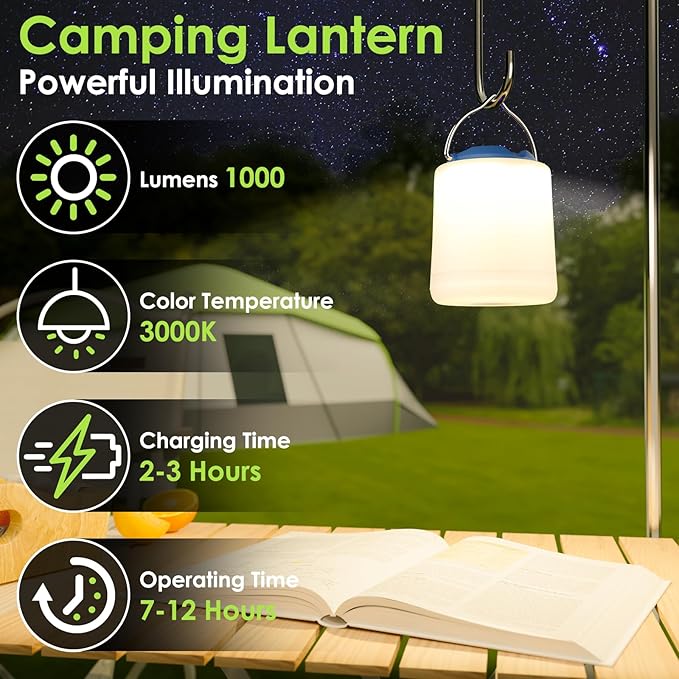 BOBKID LED Camping Lantern, Rechargeable Camping Light, 4 Modes Outdoor Flashlights Lanterns with 1000LM, Water Resistant Portable Emergency Camp Light for Hurricane Hiking Survival Kits - Blue