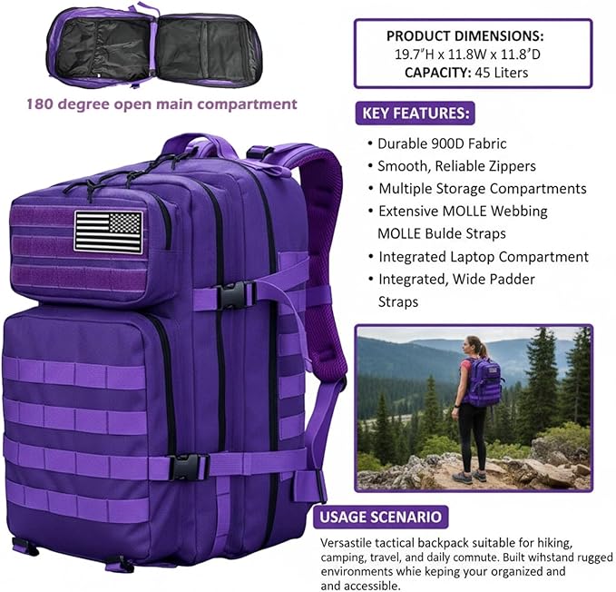 45L Military Tactical Backpack for Men & Women Bug Out Bag Assault pack Molle Daypack Hiking Trekking Rucksack(Purple)