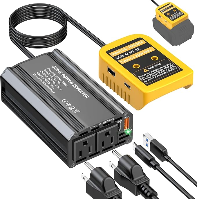 300W Power Inverter Compatible with Dewalt 20V Battery - DC 20V to AC 110V Battery Converter, Portable Power Station with PD 65W Type-C Fast Charging & 2 AC Outlet & 2 USB-A & 1 Type-C 20W
