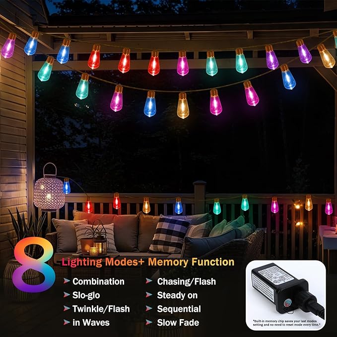 (New) Outdoor String Lights, LED Patio Lights, 24FT Waterproof Shatterproof Fairy Lights, 8 Modes Colorful Hemp Rope String Lights for Garden, Yard, Party, Christmas Decor