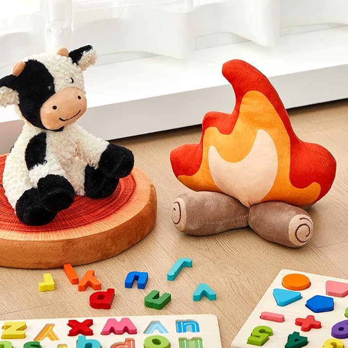 2 Pack Campfire Plush Toys Fake Fire Firewood Plush Pillow for Camping S'More Birthday Party Scene Setting Room Decoration and Woodland Forest Nursery Classroom Decor