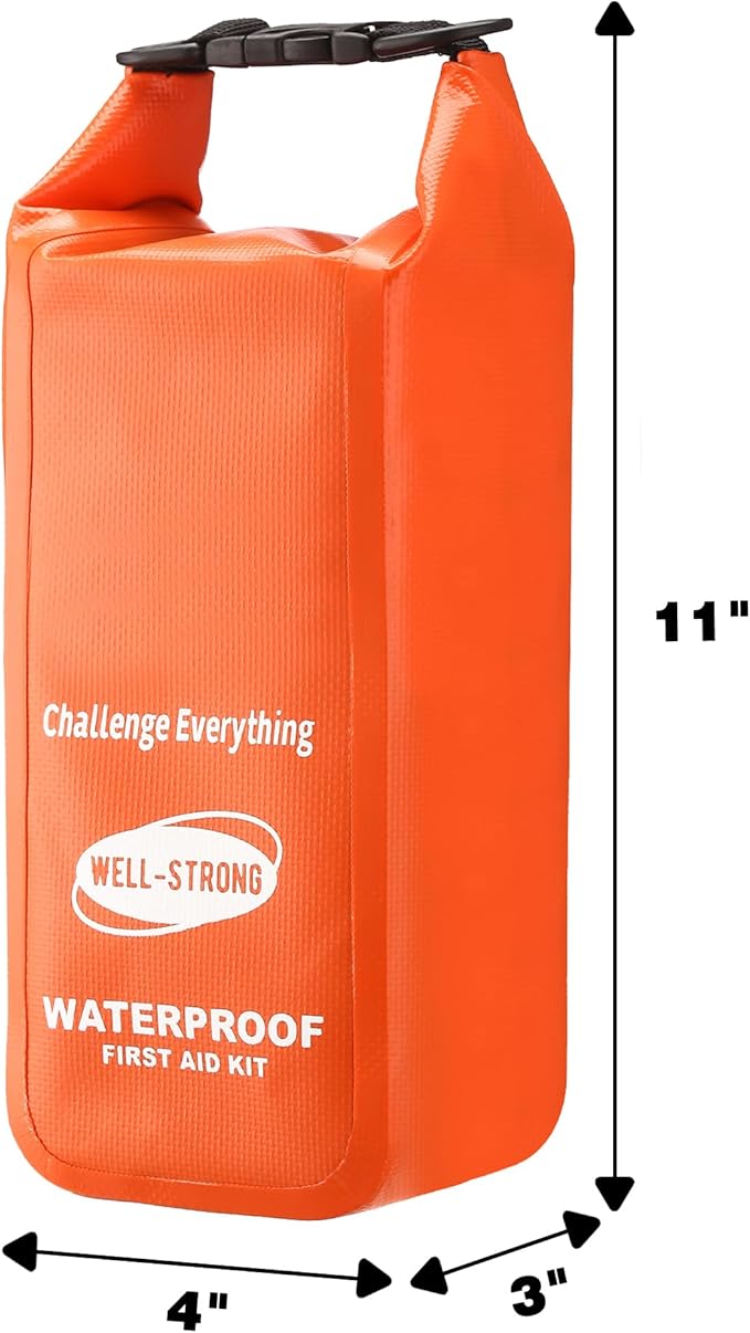 Boat First Aid Kit Waterproof, WELL-STRONG Marine Emergency Kit with Roll Top Dry Bag for Boating Fishing Kayaking – Water-Resistant Contents for Camping & Beach（Orange）