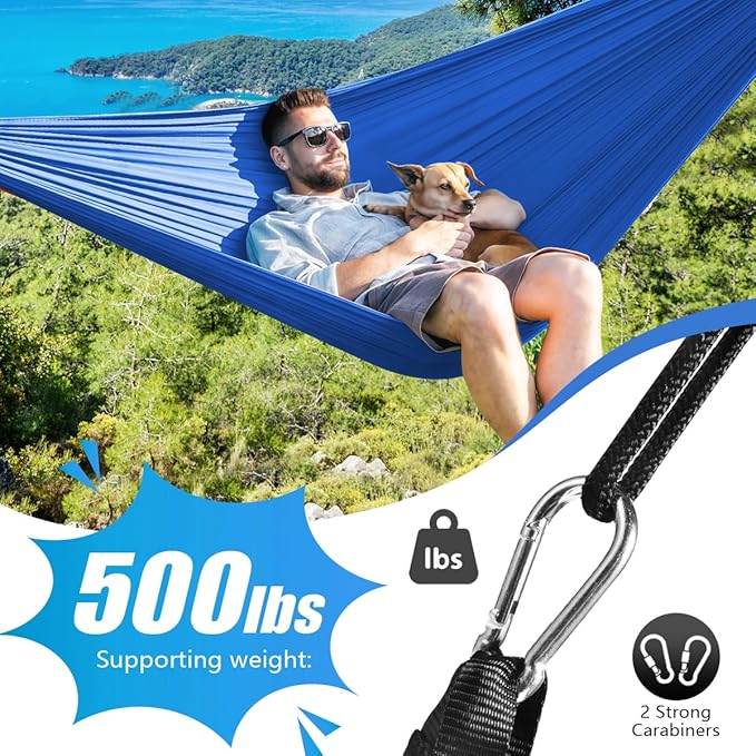 OBTANIM Camping Hammock 500lbs Portable Lightweight Single or Double Hammock with Tree Straps and Carry Bag for Camping Backpacking Hiking Travel Beach Outdoor Indoor (Dark Blue)