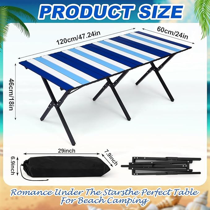 CroBlissful Beach Table Folding Camping Portable Table Striped White Aluminum Side with Carry Bag for Camping Picnics and Outdoor Activities (48x24x18 in,Navy Blue)