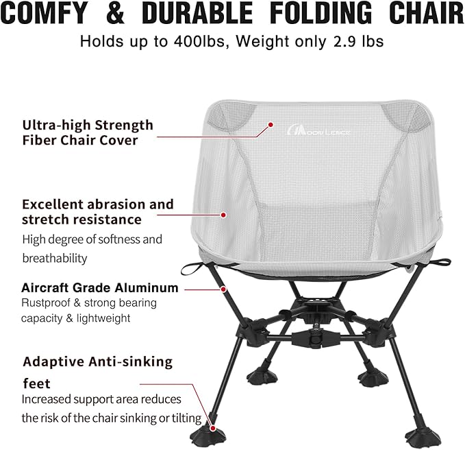 MOON LENCE Portable Camping Chair，Lightweight Backpacking Hiking Chairs,Compact,Foldable,with Anti-Sinking Large Feet for Beach,330 lbs Capacity (Grey, Standard)