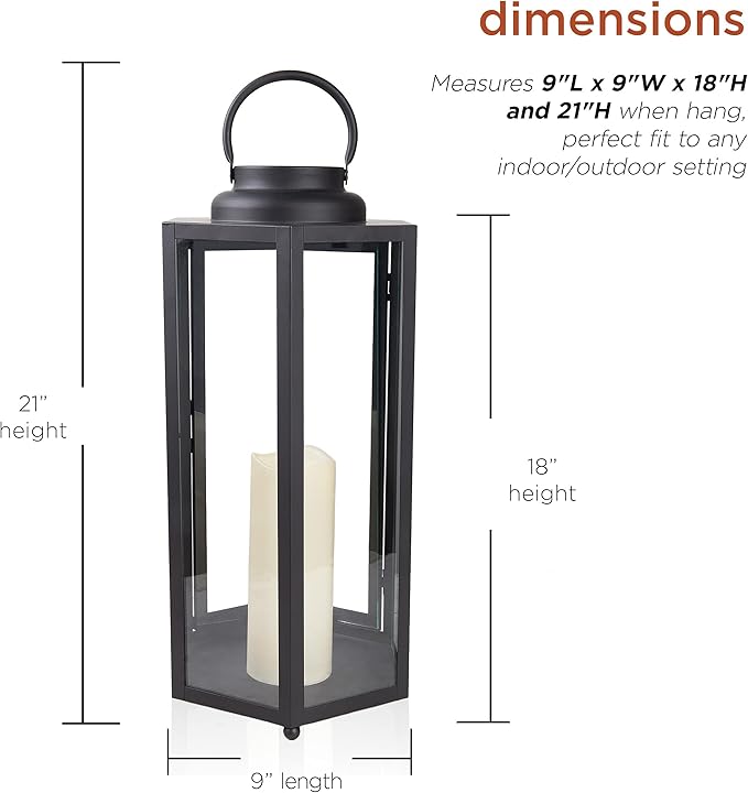Alpine Corporation 18" Tall Outdoor Hexagonal Battery-Operated Metal Lantern with LED Lights, Black