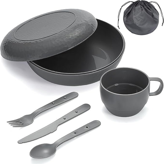 Berglander Camping Mess Kit with Bowl, Plate, Cup, Spoon, Fork, Knife and Carry Bag, Plastic Camping Accessories Essentials Gear for Travel, Camping, Picnic, Outdoor, Easy to Carry & Store