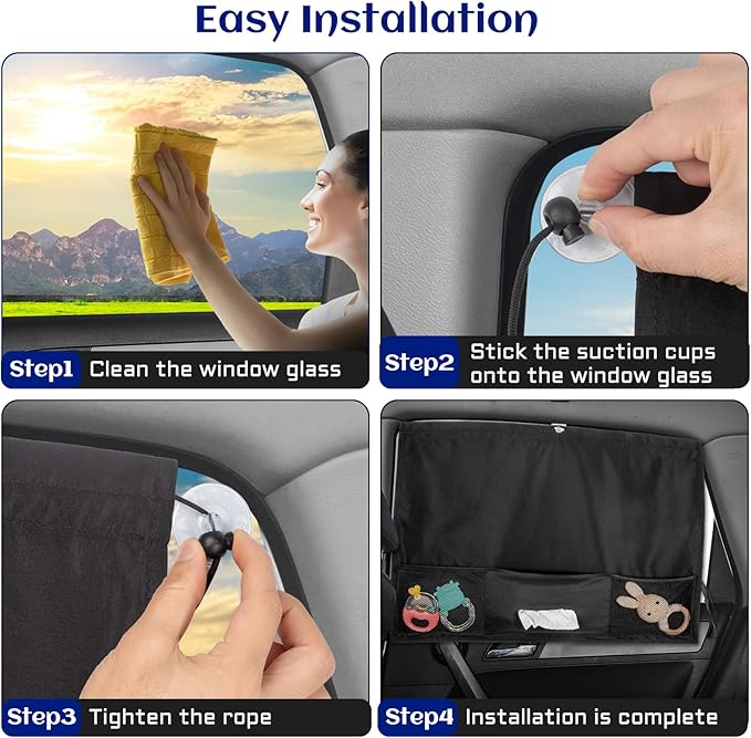 Car Window Shades, 2 Pcs 5 Suction Cups Car Sun Shade for Baby with Car Tissue Holder & Storage Net Pocket for Heat/UV Protection Sun Block Covers, Car Camping Accessories