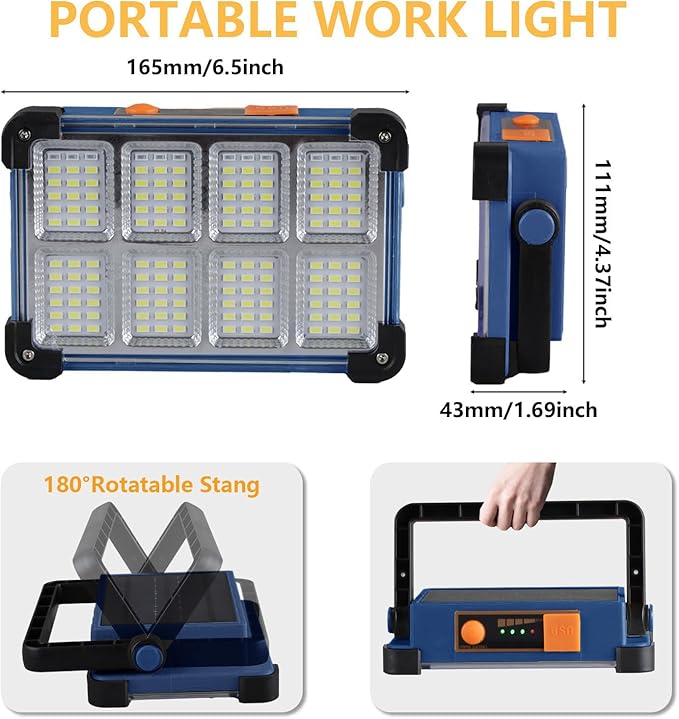 120W Solar Rechargeable Work Light, 144 LED Portable Flood Light with Stand, IP66 Waterproof 4 Modes LED Job Site Lighting Flashlights for Mechanic Camping Fishing Car Repair(Blue 1 Pack)