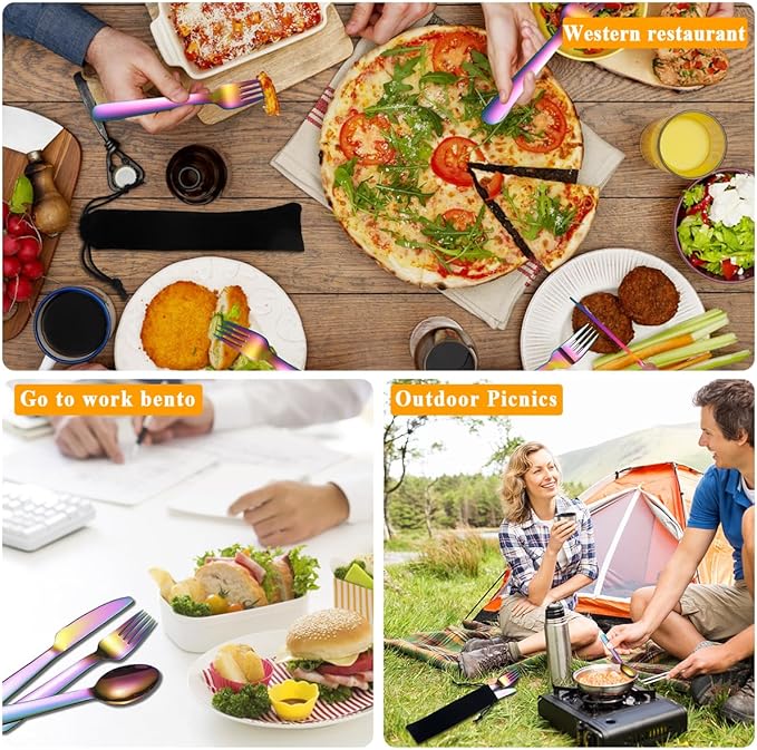 Evanda Portable Silverware Set Set of 2 Packs, Include Knife Fork Spoon, Rainbow Titanium Plating Cutlery Set With Black Bag, For Home Kitchen Camping Travel, Dishwasher Safe