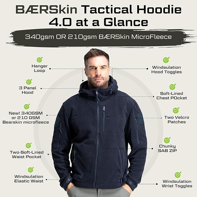 Baerskin Tactical Hoodie Jacket for Men 4.0 - Military Style Fleece Sweater for Cold, Rain, Wind or Snow
