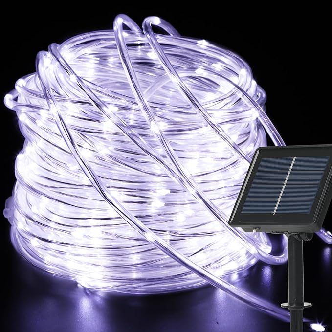 200 LED Solar Rope Lights Outdoor, 66FT Solar String Lights Indoor Waterproof Solar Powered Trampoline Light Clear Tube Pool Light for Camping Fence Yard Walkway Path Garden Outside Decor（White