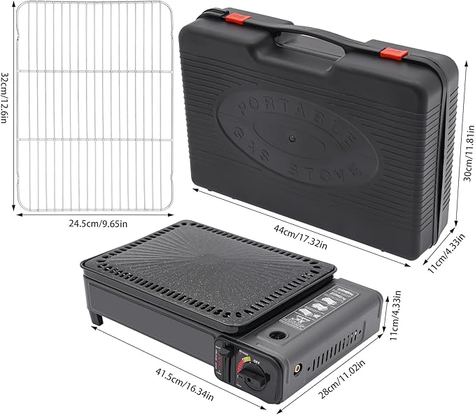 Portable Gas Grill Butane Stove, Portable Camping Grill Gas Stove Portable Tabletop bbq Grill Free Standing BBQ Grill with Grilling Net Carry Case for Camping Traveling Outdoor Cooking