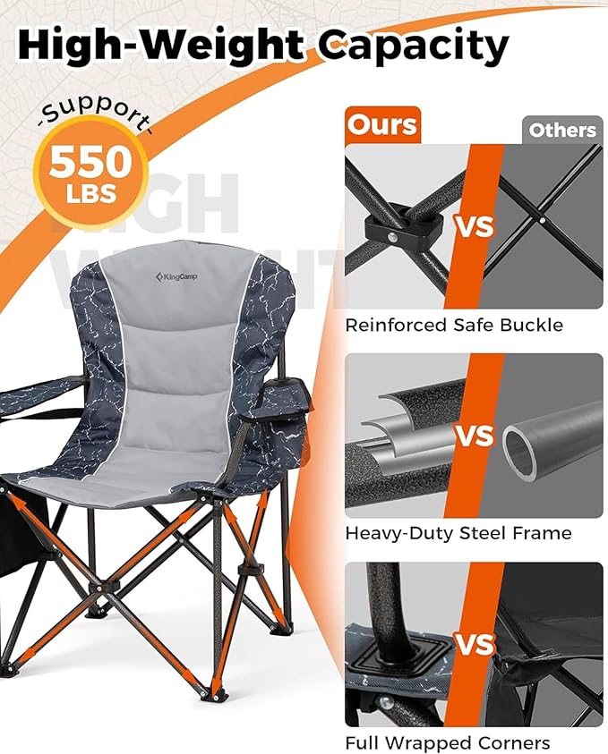 KingCamp Oversized Camping Chair with Adjustable Lumbar Support, 550lbs Heavy Duty Padded Folding Lawn Chair for Adults, Outdoor Armchair with Cooler Bag, Cup Holder & Side Pocket for Fishing, Travel