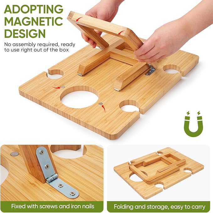 Bamboo Wine Picnic Table, Foldable Portable Charcuterie Tray with Bottle Slot and 4 Glass Holders, 15.6 x 11.7 x 7.5 in, for Beach, Park, Camping