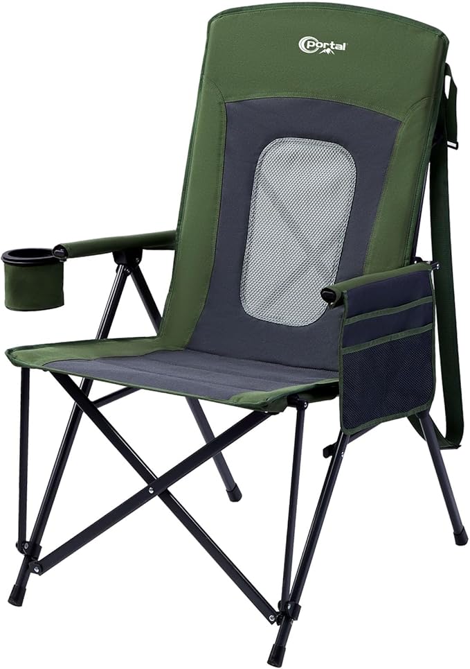 Portal Oversized Folding High Back Portable Lawn Chairs for Adults Outdoor Camp Sports Hunting Fishing Backyard with Hard Armrest Cup Holder Carrying Strap, Supports 400LBS, Green