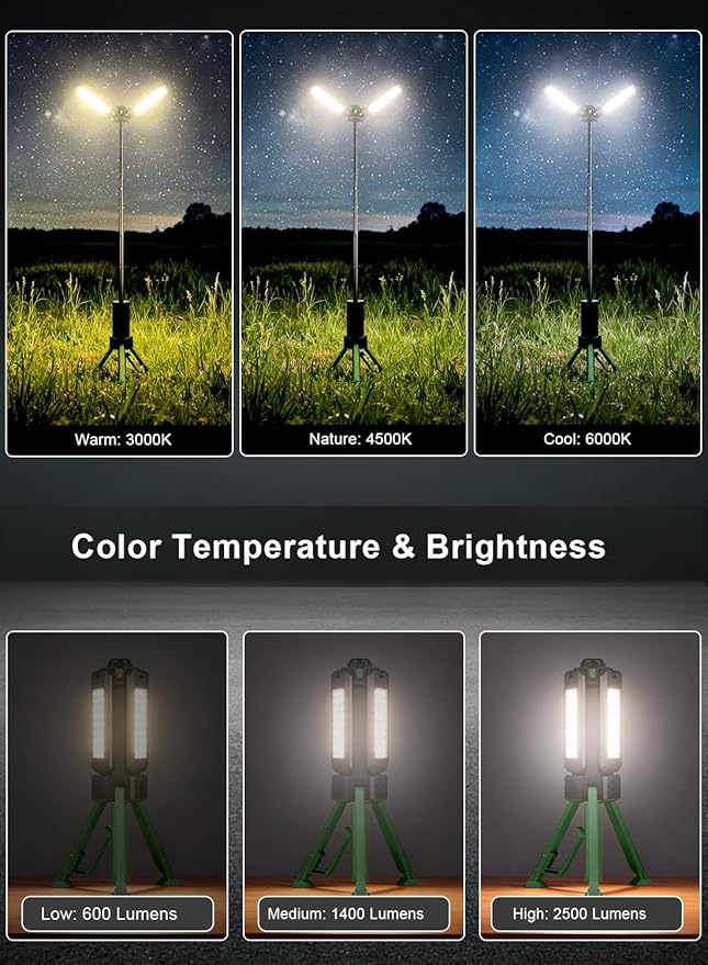 15000mAh Rechargeable Telescopic Camping Light, Portable Flashlight & Lantern with Reinforced Tripod Base, Height Adjustable Dimmable Tent Light, Power Bank for Outdoor BBQ, Hiking, Job Site, Green