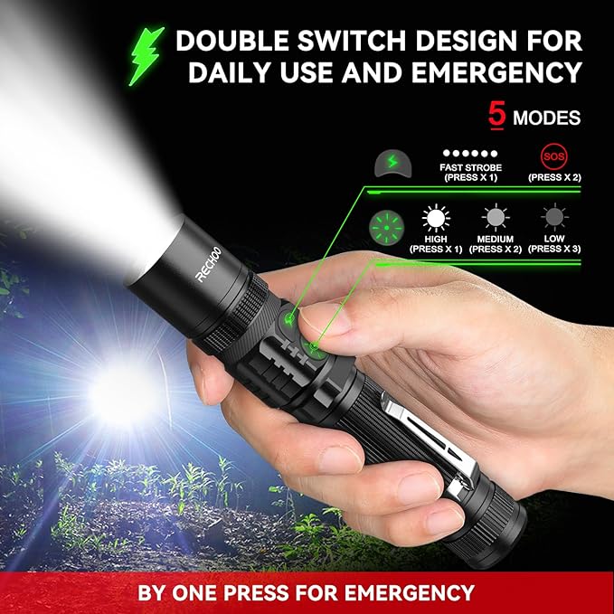 RECHOO Flashlights USB Rechargeable 2 Pack Double Switch S3000L LED Tactical Flashlight High Lumens Super Bright 5 Modes Zoomable Waterproof Flashlight for Camping, Emergency