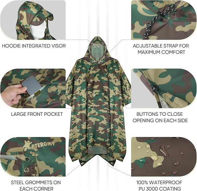 PTEROMY 3-in-1 Hooded Rain Poncho for Adult with Pocket, Waterproof Lightweight Unisex Raincoat for Hiking Camping Emergency
