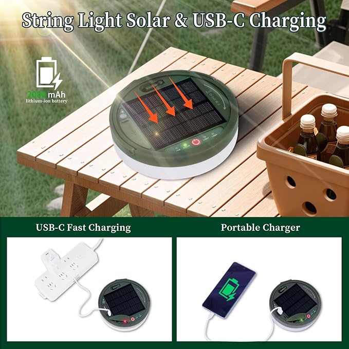 Solar Camping String Lights 130LEDs,33 FT Fairy Lights with 13 Lighting,Portable Waterproof 4 in1 Camping Lantern,Retractable Twinkle Lights for Outdoor Camping Gear Essentials Accessories