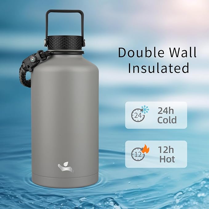 Konokyo Insulated Water Bottle with Straw,87 oz 3 Lids Water Jug with Carrying Bag,Paracord Handle,Double Wall Vacuum Stainless Steel Metal Flask,Gray