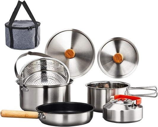 ROVSUN 34/10/6 pcs Camping Cookware Mess Kit, Lightweight Non-Stick Camping Cooking Pot and Pan Set with Stainless Steel Camping Gear Kettle Cup for Open Fire, Backpacking, Outdoor Cooking