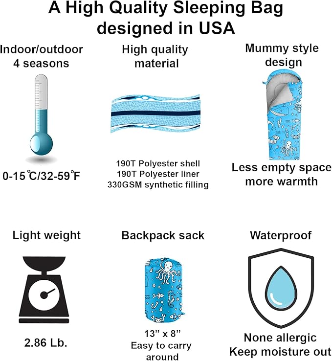 KidzAdventure Mummy Style 32 – 59F Kids Sleeping Bag with Pillow Sleeve, 4 Season, Lightweight and Backpacking Style, Ideal for Camping, Sleepover, Boys, Girls, and Youth